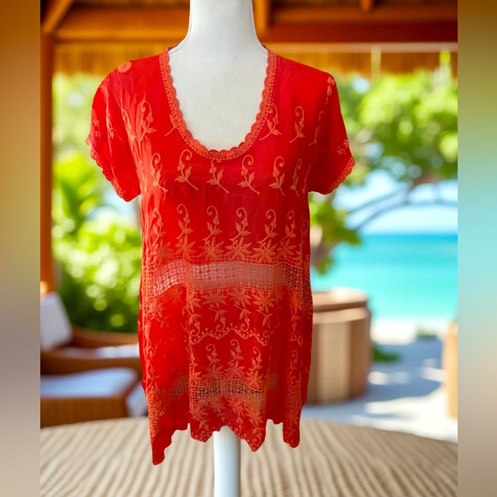 Johnny Was Orange Embroidery tunic blouse eyelet size XS round short sleeve lace - Picture 4 of 16